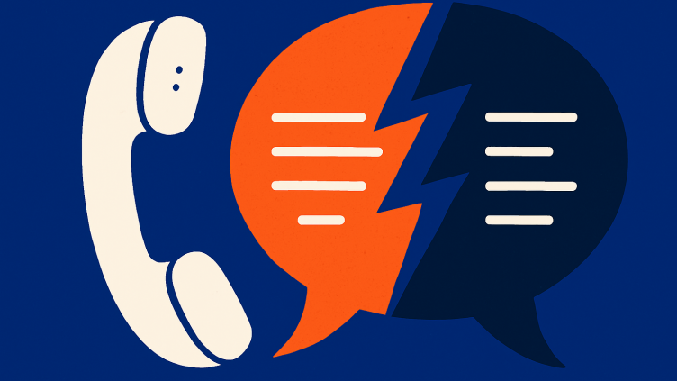 Illustration of a phone handset beside two speech bubbles in orange and navy