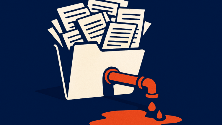 Illustration of an overflowing file folder with a pipe leaking underneath