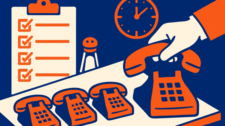 Illustration of a phone checklist, clock, and a row of desk phones ready for the rush