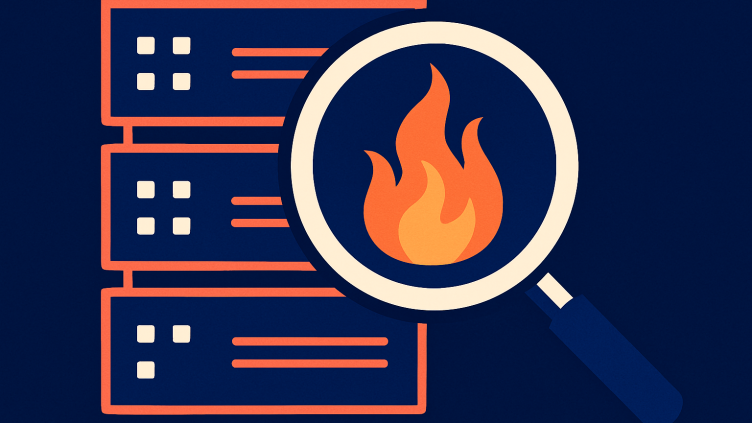 Illustration of server racks with a magnifying glass revealing hidden flames