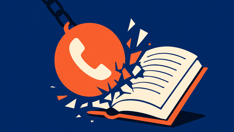 Illustration of a wrecking ball with a phone icon smashing an open book