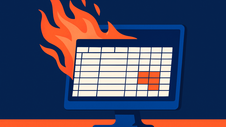 Illustration of a spreadsheet on a monitor engulfed in flames